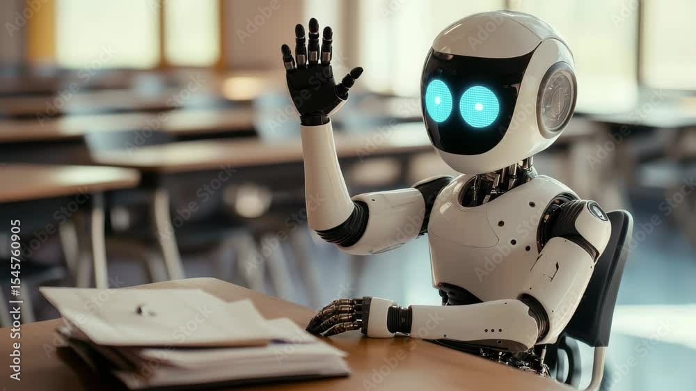 Poster robot studying alone at a table in a classroom setting during the day, the ai robot sitting at a tab