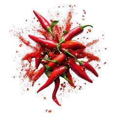 Red Chili Peppers Explosion Spice Flavor Burst, isolated on a transparent background