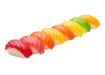 Rainbow sushi nigiri row close up studio shot