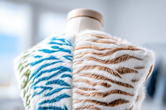 Beige and Blue Zebra Striped Fabric Draped on Mannequin