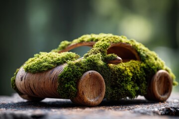 A miniature wooden car, entirely covered in vibrant green moss, rests on a dark surface against a blurred natural background