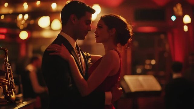 Romantic couple dance dimly lit jazz club with warm glowing lights, intimate saxophone music, and passionate ambient atmosphere creating perfect