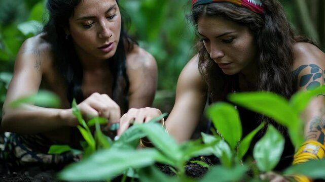 Young trans woman and indigenous friend cultivate a garden in a lush jungle setting, Young transsexual woman gardening with her indigenous friend