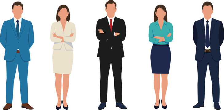 Business professionals standing with arms crossed, formal office dress code, confident male and female team, corporate attire illustration, workplace people vector pose