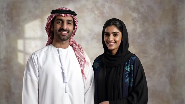 Smiling Middle Eastern Couple in Traditional Dress Kandura Keffiyeh Hijab and Abaya Standing Against a Neutral Background Lit by Soft Window Light