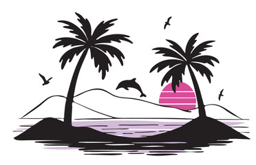sketch of palm trees on mountains background with dolphin and pink sunset vector