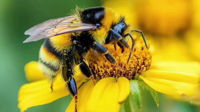 Shaggy bumble bee collecting nectar from vibrant yellow flower in a sunny garden, Shaggy Bumblebee pollinating and collects nectar from the yellow flower of the plant