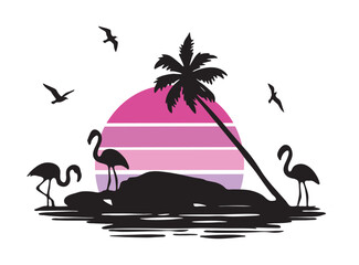 palm tree silhouette with flamingo and pink sunset vector seascape