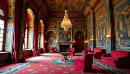 Obraz premium Grand hall with ornate murals and red furnishings.