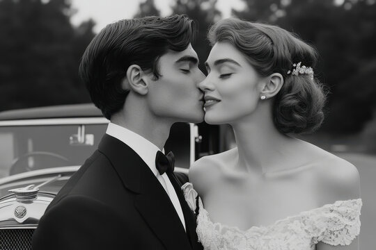 Bride and groom kiss passionately in front of vintage car. - Powered by Adobe