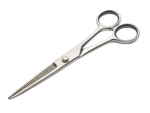 Professional hair cutting shears isolated on black background, silver metal, sharp blades, barber tools