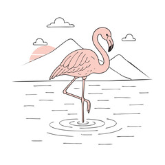 pink flamingo in water on background of mountains vector sketch seascape