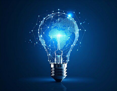 에디슨 전구 위에 지구본과 연결된 디지털 네트워크가 입체적으로 형성된 이미지 A three-dimensional image of a digital network connected to a globe on top of an Edison light bulb
