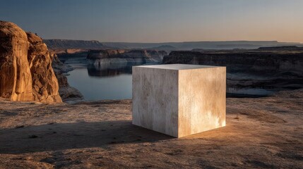 Large light square block on open area edge with canyon and water background, sunlight casting shadows for product display setup.