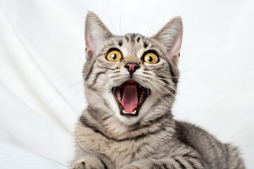 Playful grey tabby kitten with wide open mouth and bright yellow eyes on white background