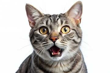 Closeup portrait of a grey tabby cat with open mouth showing teeth and tongue