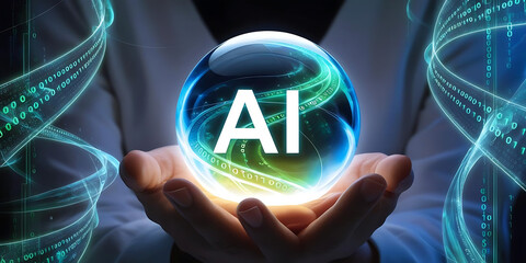 Person holding glowing crystal ball with AI symbol


