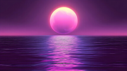 Pink moonrise over calm ocean surreal night sky with water reflection