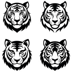 Four Black and White Tiger Heads with Variations in Striping and Facial Features