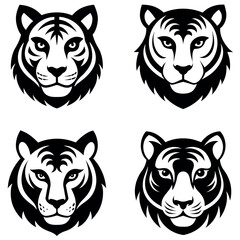 Four Stylized Black and White Tiger Heads Animal Design Variations on White Background