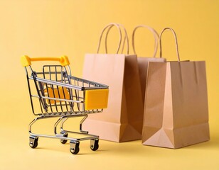 Miniature Shopping Cart with Brown Paper Bags on a Yellow Background