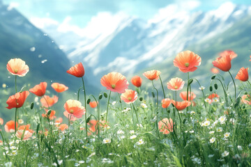 Naklejka premium Vibrant field of flowers with majestic mountains backdrop.
