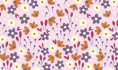 Cute Floral Seamless Pattern on Pink Background – Playful Hand-Drawn Spring Flowers Design.