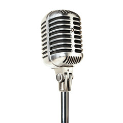 Fototapeta premium Vintage Microphone on Stand Silver Metal Retro Music Recording Studio isolated on a transparent background