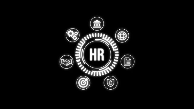 HR Web Chain Interface &ndash; Digital Icons for Online Infrastructure and Services.representing data security, global access, targets, documents, and server operations on black background