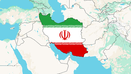 Map of Iran with Iranian National Flag 