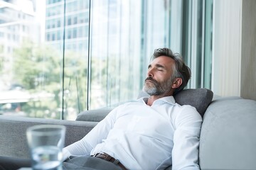Man sleeping on couch businessman relaxation office break nap tired rest stress relief professional grey hair