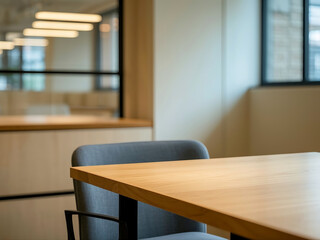 Light wooden table with softly blurred modern co-working space background, perfect for product display, business use, web design, and promotional content.

