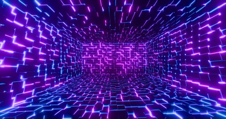 Futuristic glowing neon illuminated waving cube background. Shining geometric lines inside corridor in perspective. Bright retro digital cyberspace. 3D rendering.