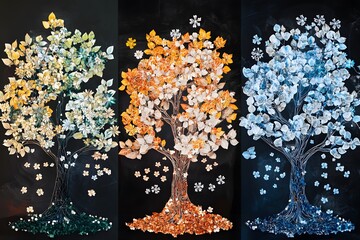 Artistic depiction of the four seasons represented by trees with leaves and floral elements on dark backgrounds.