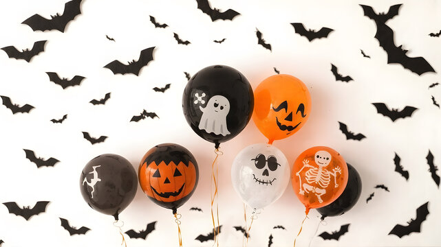 Halloween-themed black and orange balloons with printed ghosts and pumpkins, set against a backdrop of flying bats.