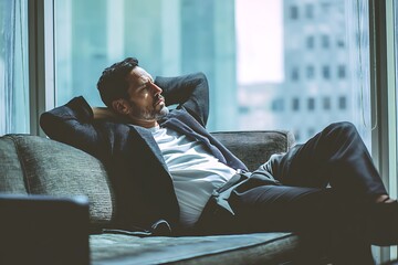 Obraz na płótnie Canvas Businessman relaxing on sofa in office with city view for stress relief and mental health break concept