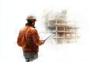 Construction manager reviewing blueprints at a building site during daytime with scaffolding and partially built structure in background