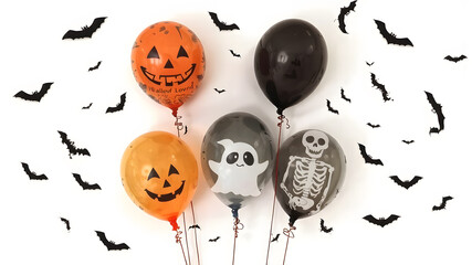 Fun Halloween balloon cluster featuring jack-o'-lantern faces, a skeleton print, and flying bats in the background.