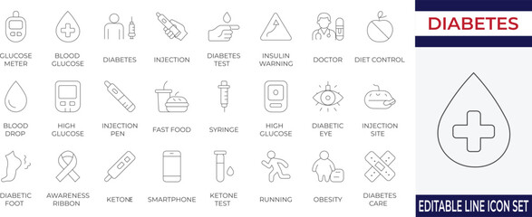 A collection of diabetes-related line icons including glucose meters, syringes, and health care tools. Perfect for medical, health awareness, and digital health applications.