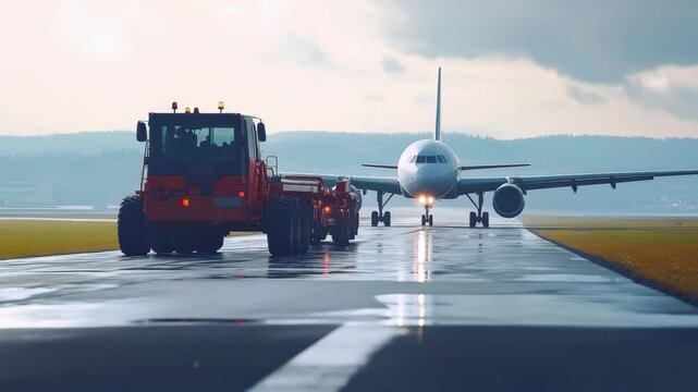 Tow tractor moves passenger plane on runway during daylight, Tow Tractor towing a passenger plane on the runway of the airfield