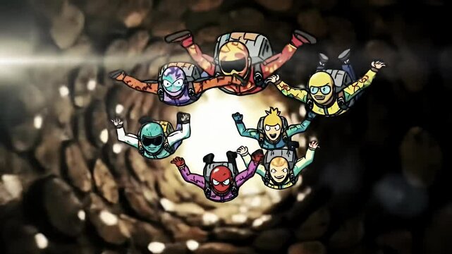 Cartoon skydivers fall in formation through an abstract stone tunnel