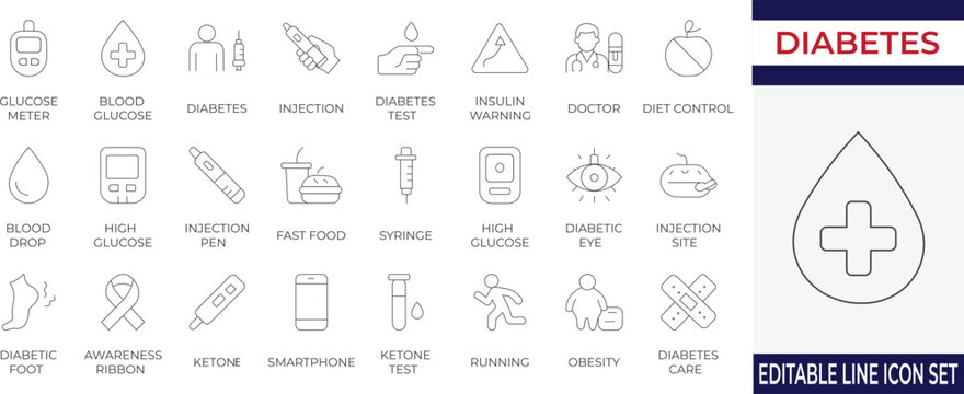 A collection of diabetes-related line icons including glucose meters, syringes, and health care tools. Perfect for medical, health awareness, and digital health applications.