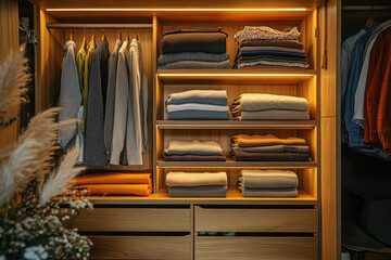 Wooden closet overflowing with clothes, creating a messy and crowded storage space.