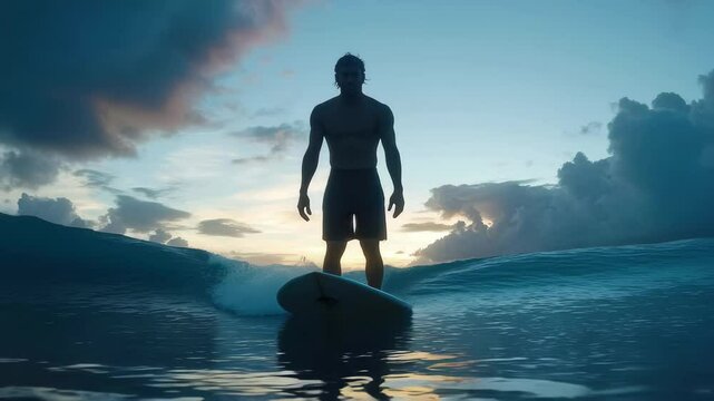 Surfer calmly stands up in slow motion during sunset at serene beach location, Surfer drops in and stands up calmly in slow motion at Cloudbreak Fiji