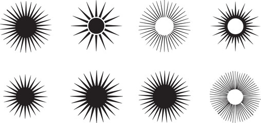 Eight sunburst silhouettes isolated on white background