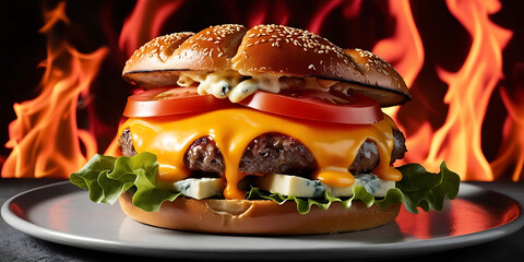 Grilled burger with fiery backdrop and fresh toppings


