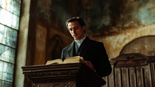 Young minister delivers a sermon in an old church with stained glass windows, Young minister in black suit, preacher, priest preaching at pulpit with bible in old church building