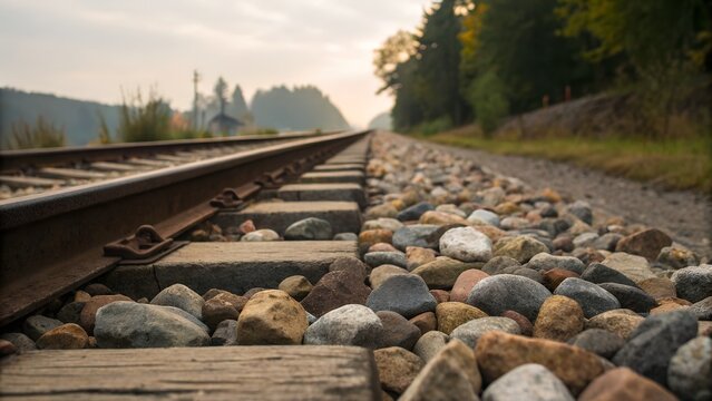 Pebbles scattered beside railway track, rusted rails in background, industrial meets nature