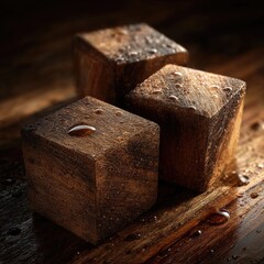 Three dark brown, wet wooden cubes rest on a similarly dark wooden surface; water droplets adorn the cubes and the surface