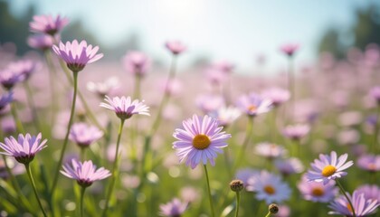 Fototapeta premium A field of delicate pink flowers in soft sunlight.